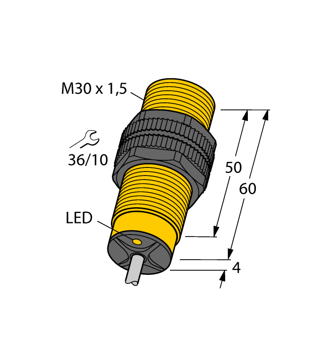 Turck Inductive Proximity Plastic Barrel Sensor; 30mm; Embeddable; 10-30VDC; NO; NPN; High Temperature (+100°C/212°F)